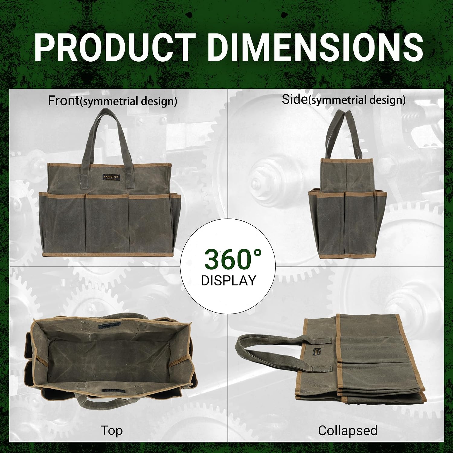 Waxed Canvas Garden Tool Bag Tote, 14 Inch Tool Bag with 10 External Pockets & 1 Large Compartment, Army Green