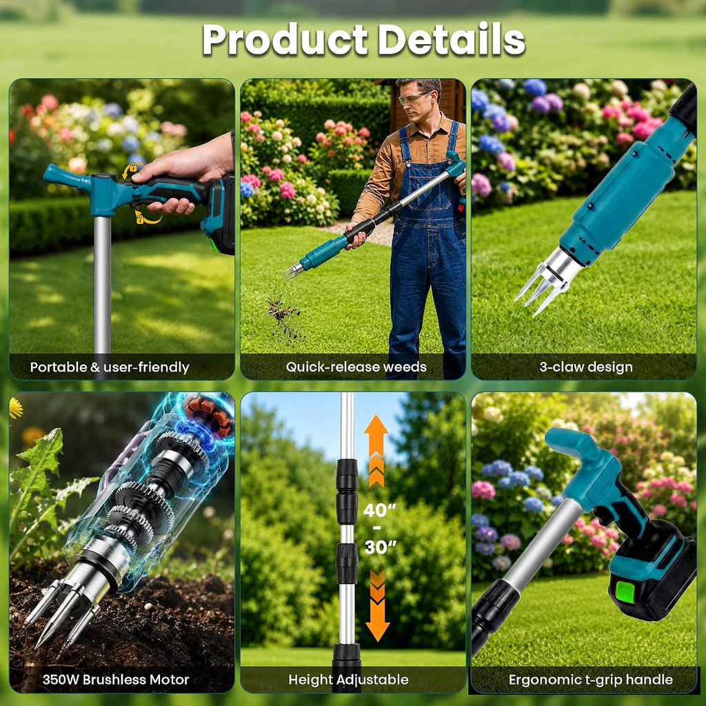 Electric Stand Up Weed Puller Tool with Long Handle, Lightweight & Portable Design, Total 4000 mAh Batteries