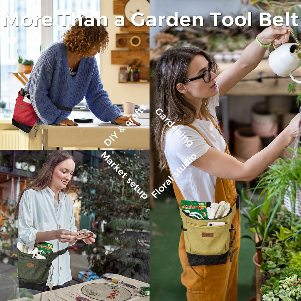 Garden Tool Belt for Women & Men, Burgundy Red Denim Apron with Pockets, Structured Opening, 2 Large Pockets + 2 Inner