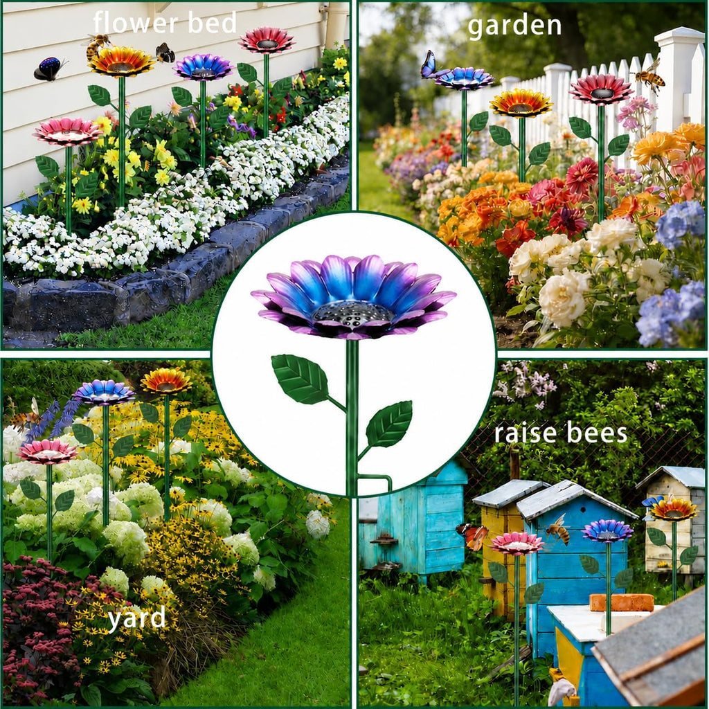 4 Pack Sunflower Flower Bee Watering Station with 20 Glass Beads | Bee Bath for Garden, Metal Bee Water Feeder with