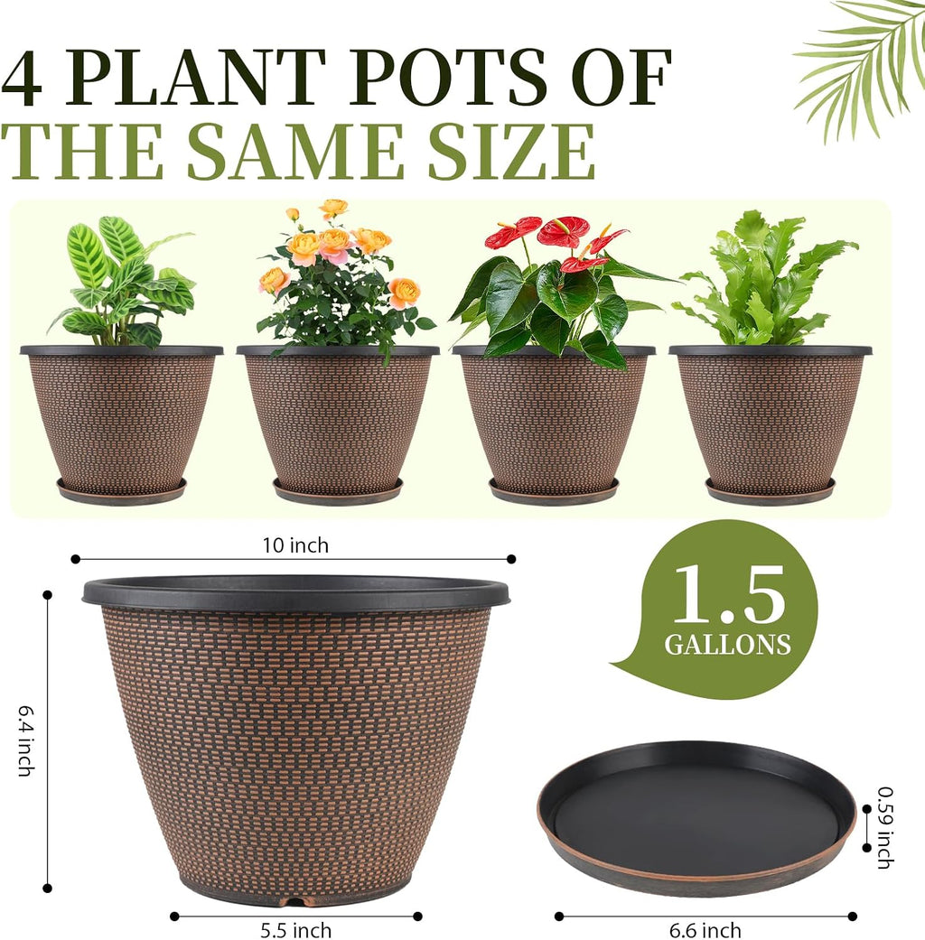 4 Pack 10 inch Plant Pot for Outdoor Indoor, Plastic Flower Pots with Trays | Lightweight Large Outdoor Planter Pots