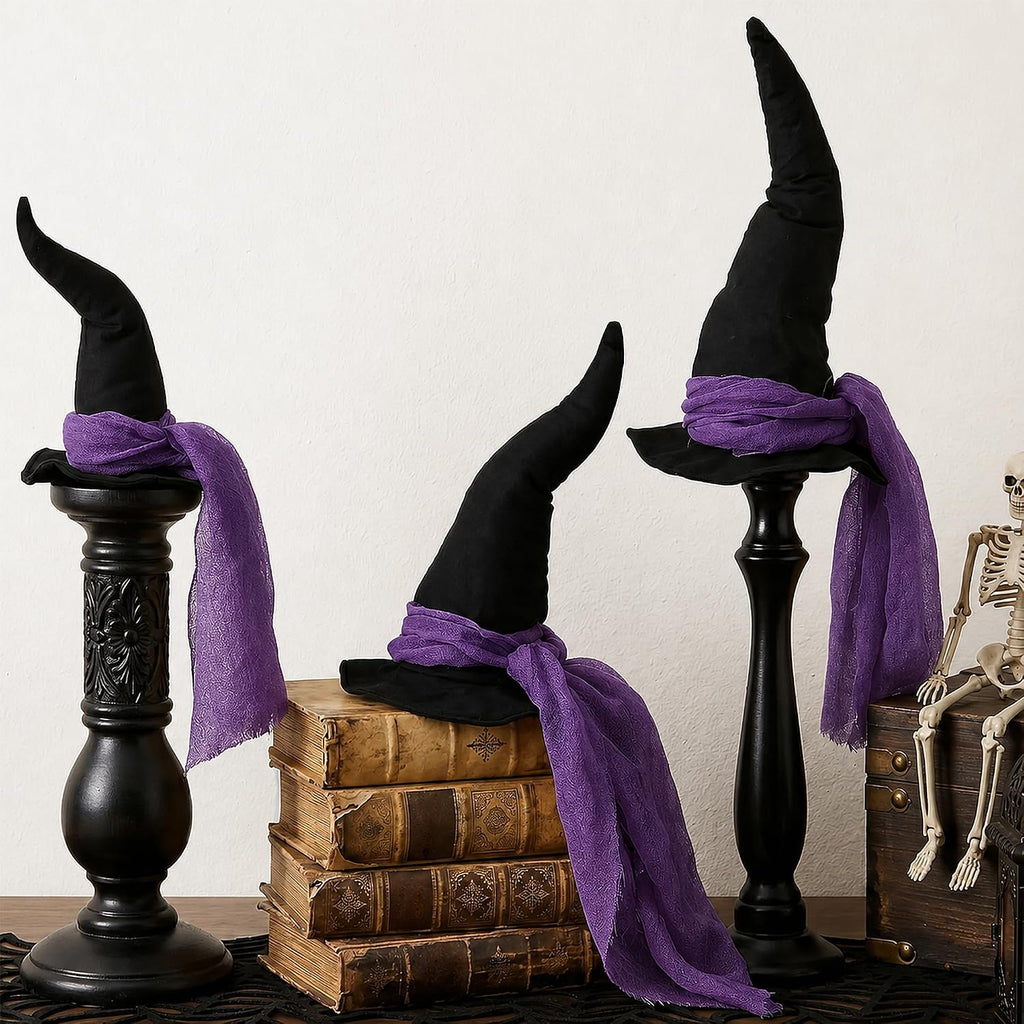 3 Pcs 3 Size Halloween Witch Hat Table Centerpiece with Purple Gauze Ribbon