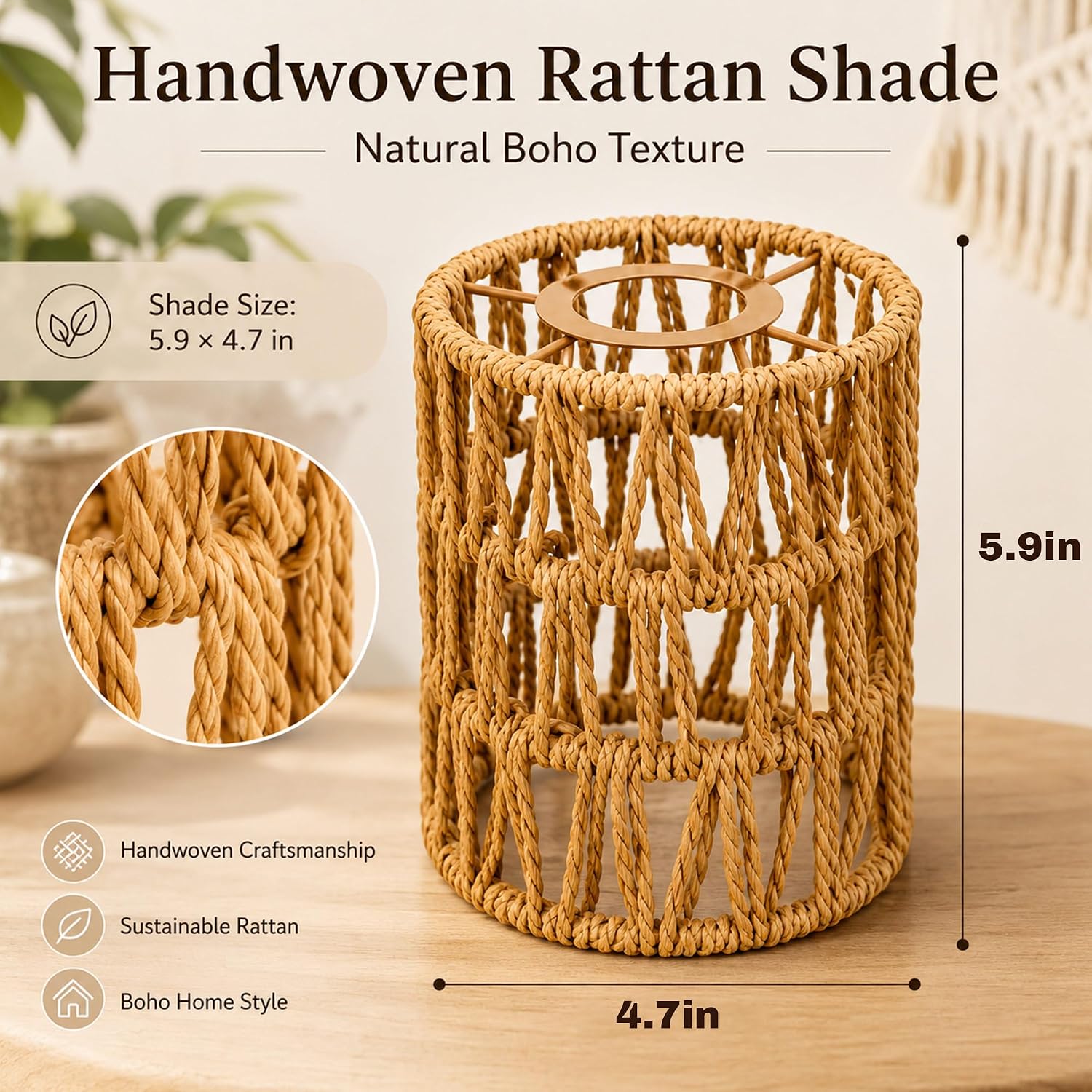 2 Pack Hanging Grow Lights for Indoor Plants Boho Rattan Plant Light | 15FT Power Cord with Timer, 15W Full Spectrum