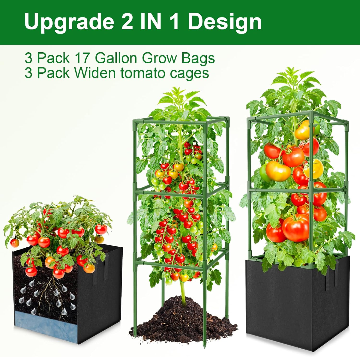 3 Pack Tomato Cages, Square Tomato Trellis with 17 Gallon Grow Bags,47IN Tall Heavy Duty Tomato Plant Support Stakes