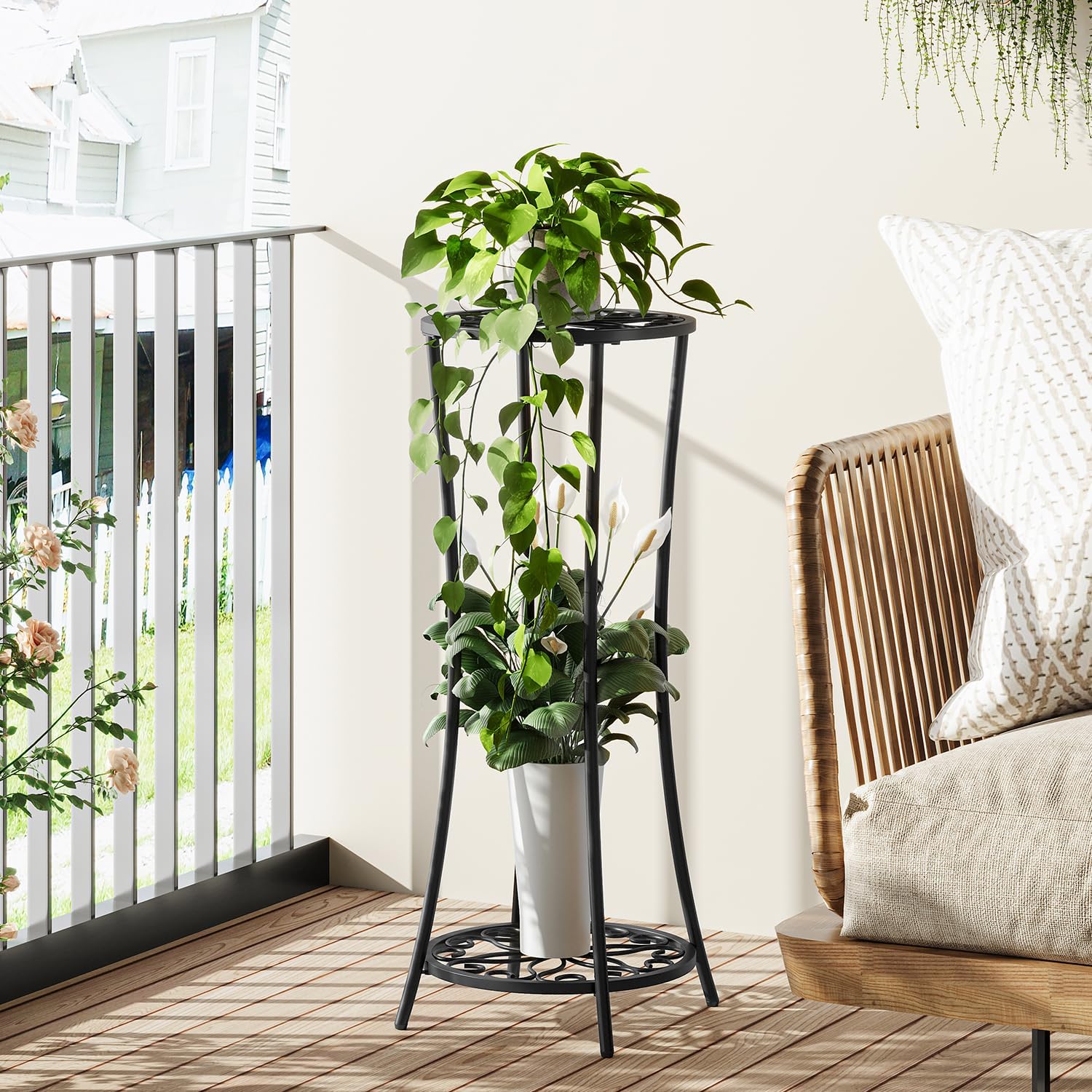 YINMIT Plant Stand Indoor Outdoor, 2 Tier Metal Potted Holder Rack, Flower Pot Stand Shelf, Heavy Duty Round Supports