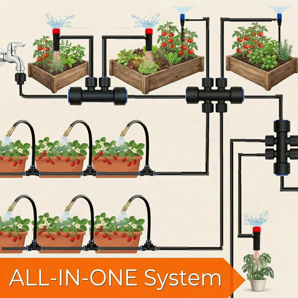 240FT Drip Irrigation System for Garden: 30 Nozzles 1/2" PE Tubing Automatic Watering Kit Adjustable Misting Sprinkler
