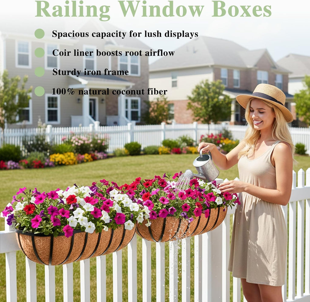 36 Inch Railing Planter Window Box Deck Balcony Rail Planter with Coco Liner Metal Wall-Mounted Coconut Liner Planters