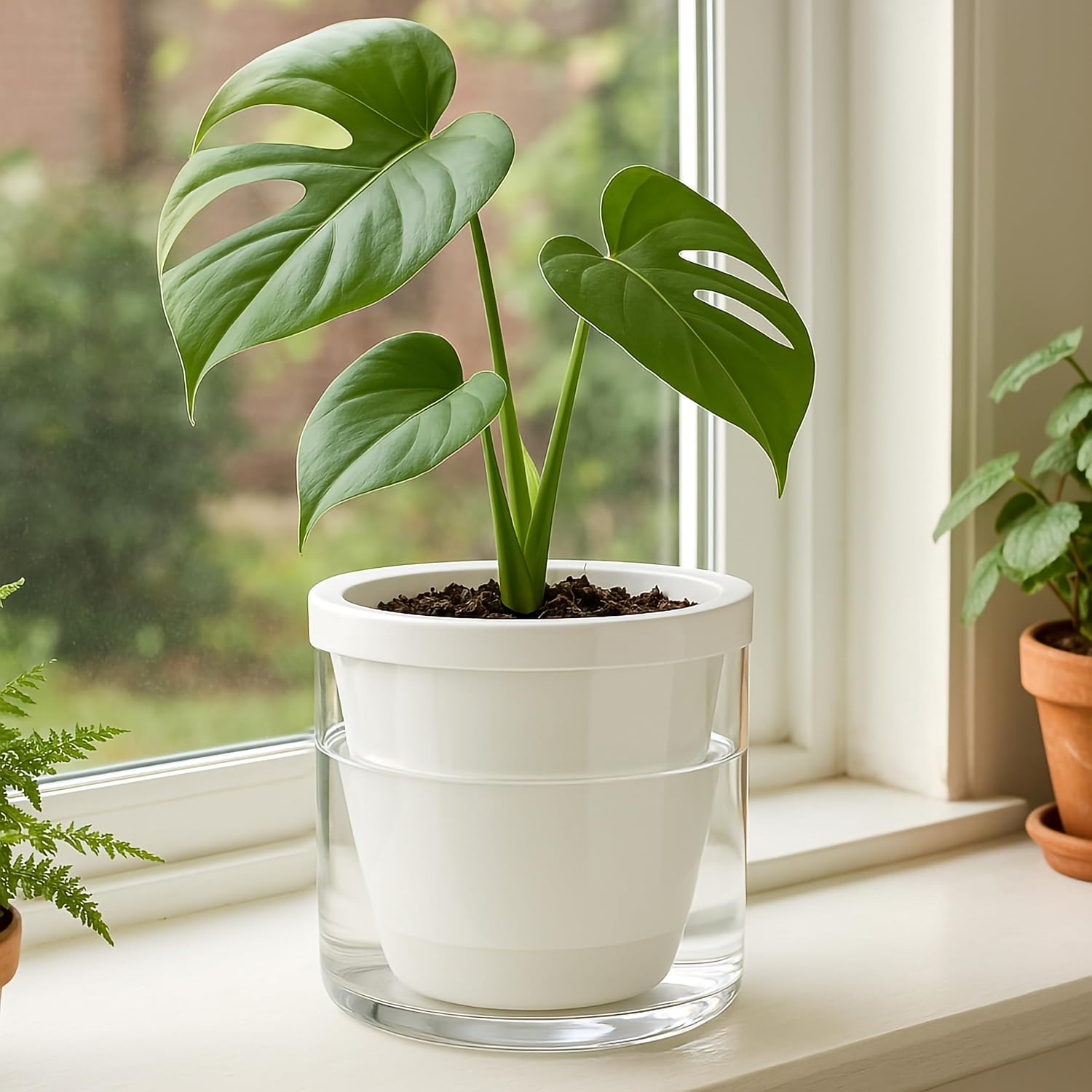D'vine Dev Self-Watering White Terracotta Planter Pot, 6 in, 37-X-B-2 | Terracotta & Glass Design, Clear Water