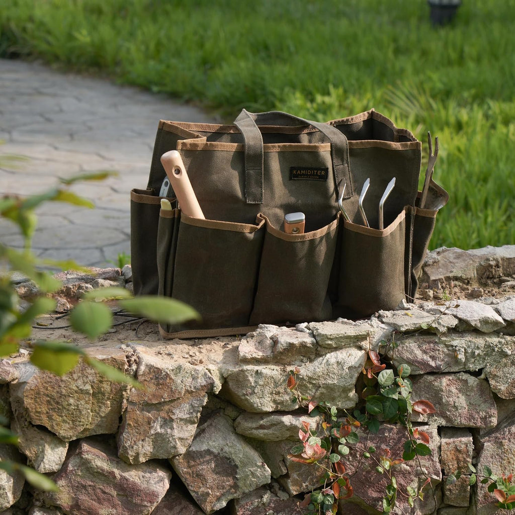 Waxed Canvas Garden Tool Bag Tote, 14 Inch Tool Bag with 10 External Pockets & 1 Large Compartment, Army Green