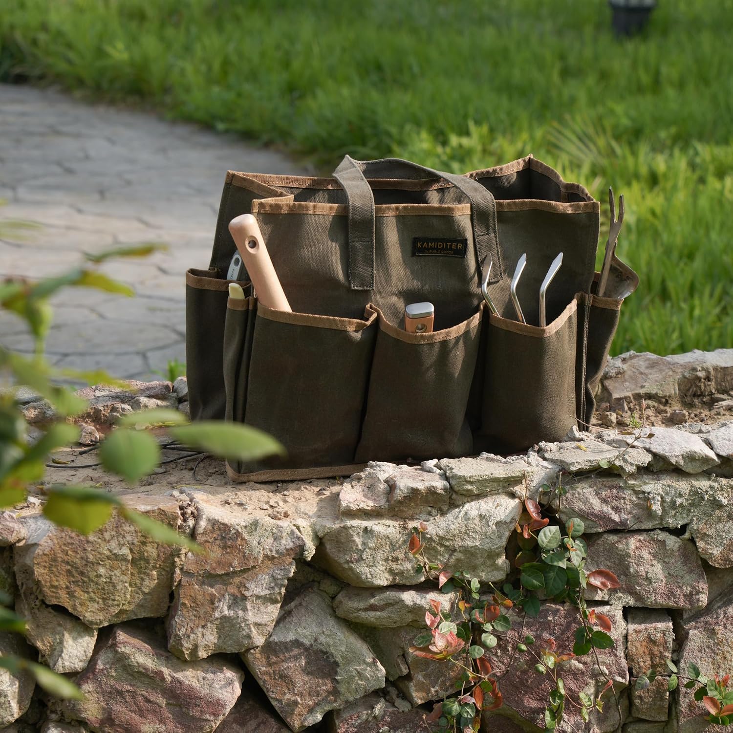 Waxed Canvas Garden Tool Bag Tote, 14 Inch Tool Bag with 10 External Pockets & 1 Large Compartment, Army Green