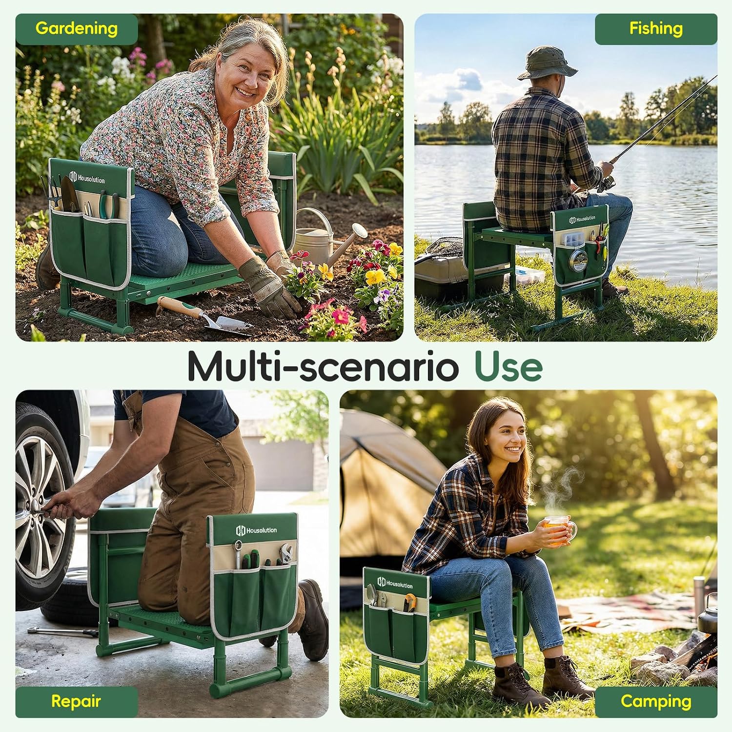 Housolution Garden Kneeler and Seat with Anti-Tipping Extendable Legs | Foldable and Portable Garden Stool with 2 Tool