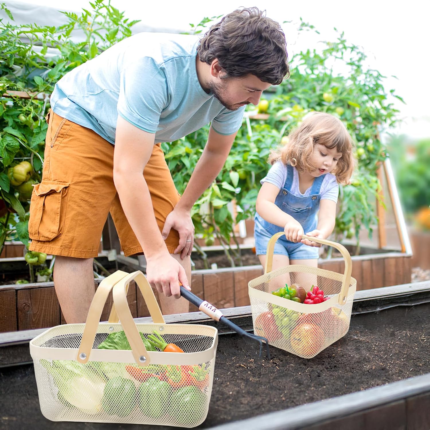 2 Pack Harvest Basket with Handle, Garden Baskets for Gathering Vegetables, Multi-functional Metal Mesh Fruit Basket