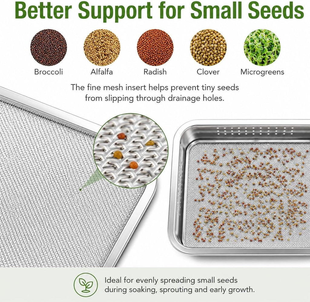 2 Pack Stainless Steel Seed Sprouter Tray Kit with Mesh Inserts | Raised drainage design supports cleaner rinsing, even