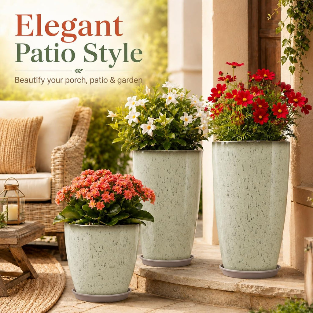 Neoaider Set of 3 Tall Planter, 24/21/12in Large Plastic Planter, DripGlaze | Ceramic-Look, Lightweight, Built-in Drain