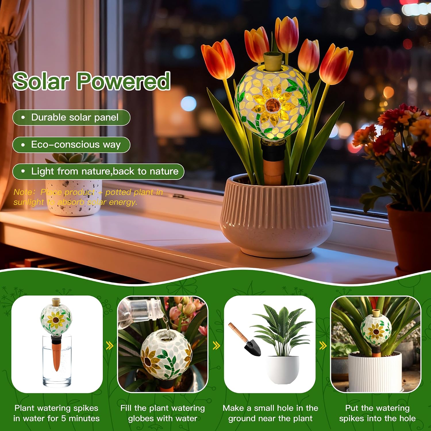 VOREEN Mosaic Plant Watering Globe with Terracotta Spike,Self-Watering Irrigation for Potted Plants,Sunflower-Inspired