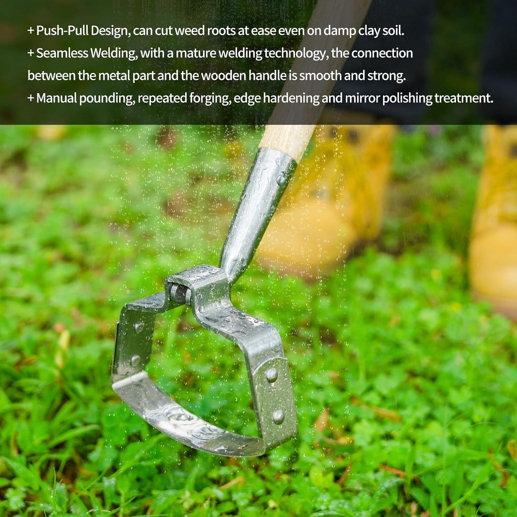 Berry&Bird Action Hoe, 63'' Stainless Steel Hula Stirrup Hoe, Wooden Grip | Dual-edge stainless steel loop blade