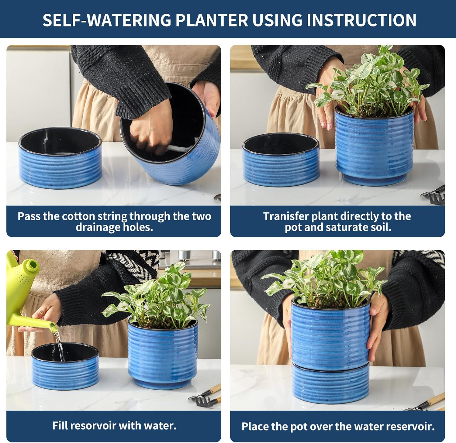 HASENSE Ceramic Self Watering Pots for Indoor Plant, 6 Inch Planter with Drainage Hole & Water Storage Saucer for