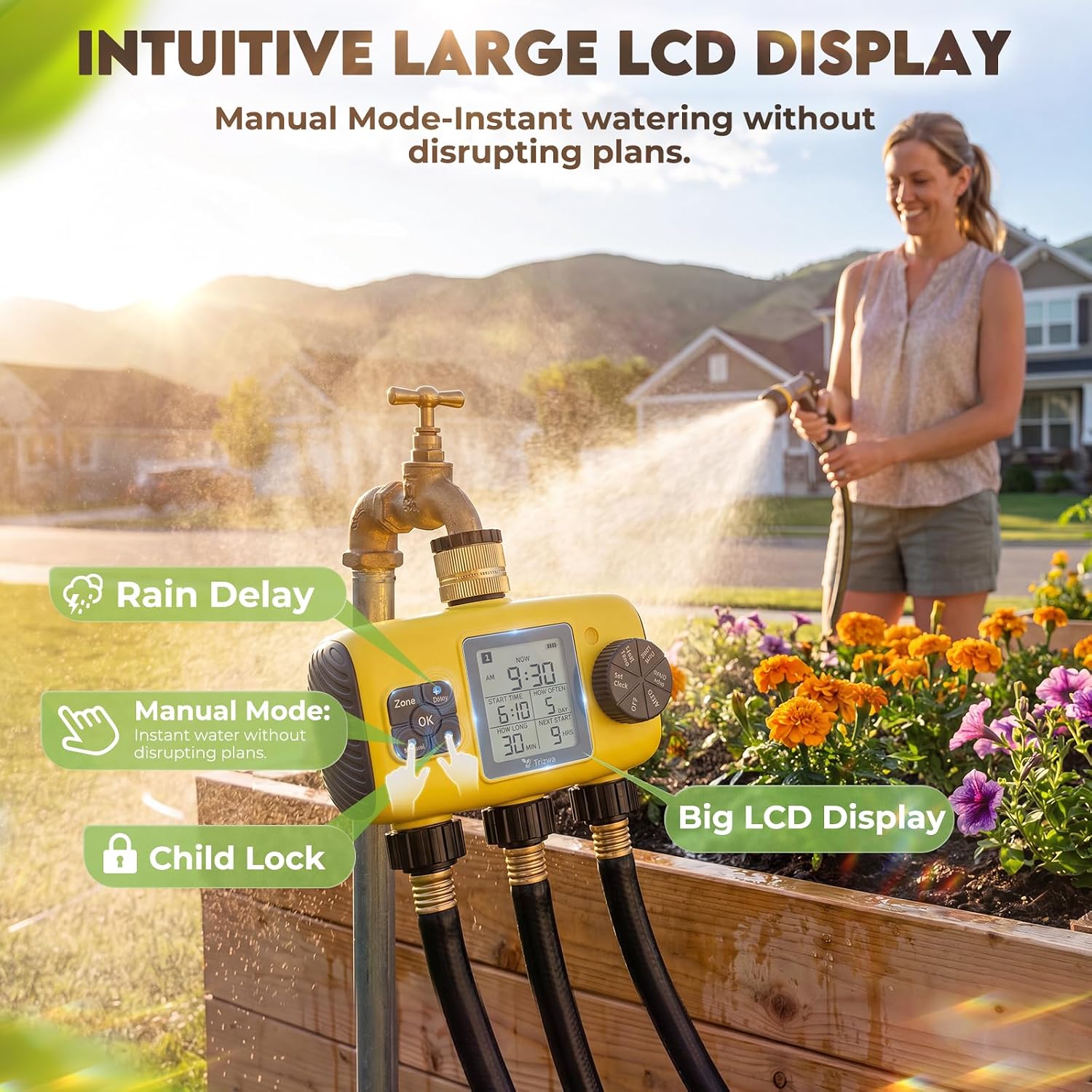 3 Zone Sprinkler Timer for Garden Hose, Brass Inlet Yard Irrigation | Programmable Auto & Manual Water Timer with LCD