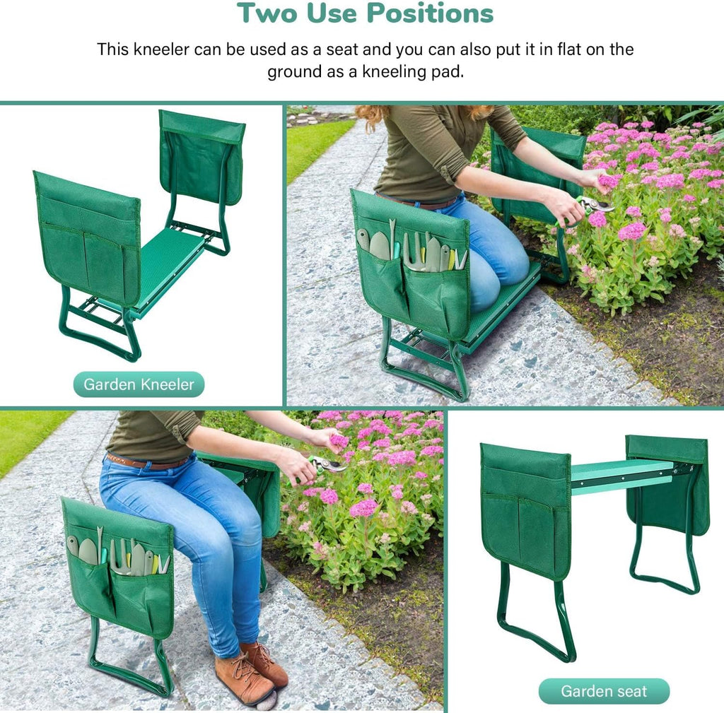 iPower Garden Kneeler and Seat with Sturdy Soft EVA Foam Pad, Foldable Kneeling Bench, 2 Tool Pouches Included, for