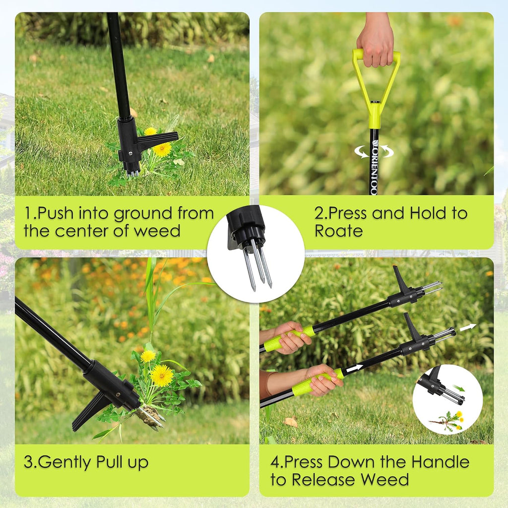 ORIENTOOLS Weed Puller Stand Up Weeder Hand Tool with 3 Claws for Dandelion, Steel Twist Hand Weed Root Pulling Tool