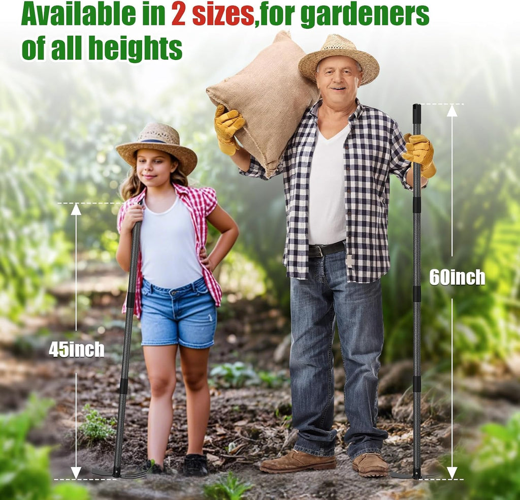 Garden Hoe with 3-Tine Cultivator Rake, 2-In-1 Carbon Steel Sharp Weeding Tool with 60 " Long Handle For Weed Removal