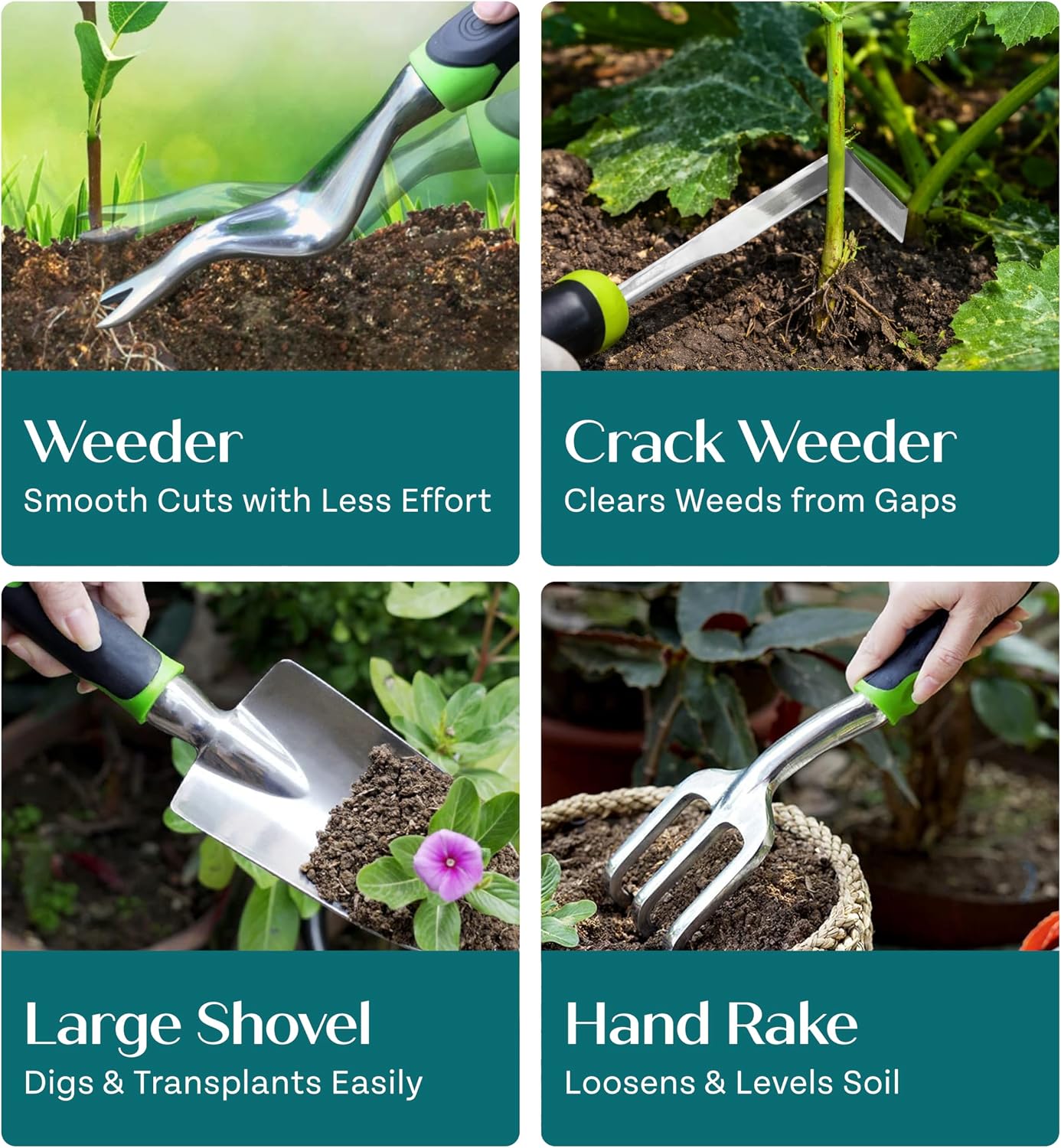 Heavy Duty Gardening Tools - Gardening Gifts for Women, Men, Mom, Dad - Durable, Ergonomic Garden Tools Set (Green with
