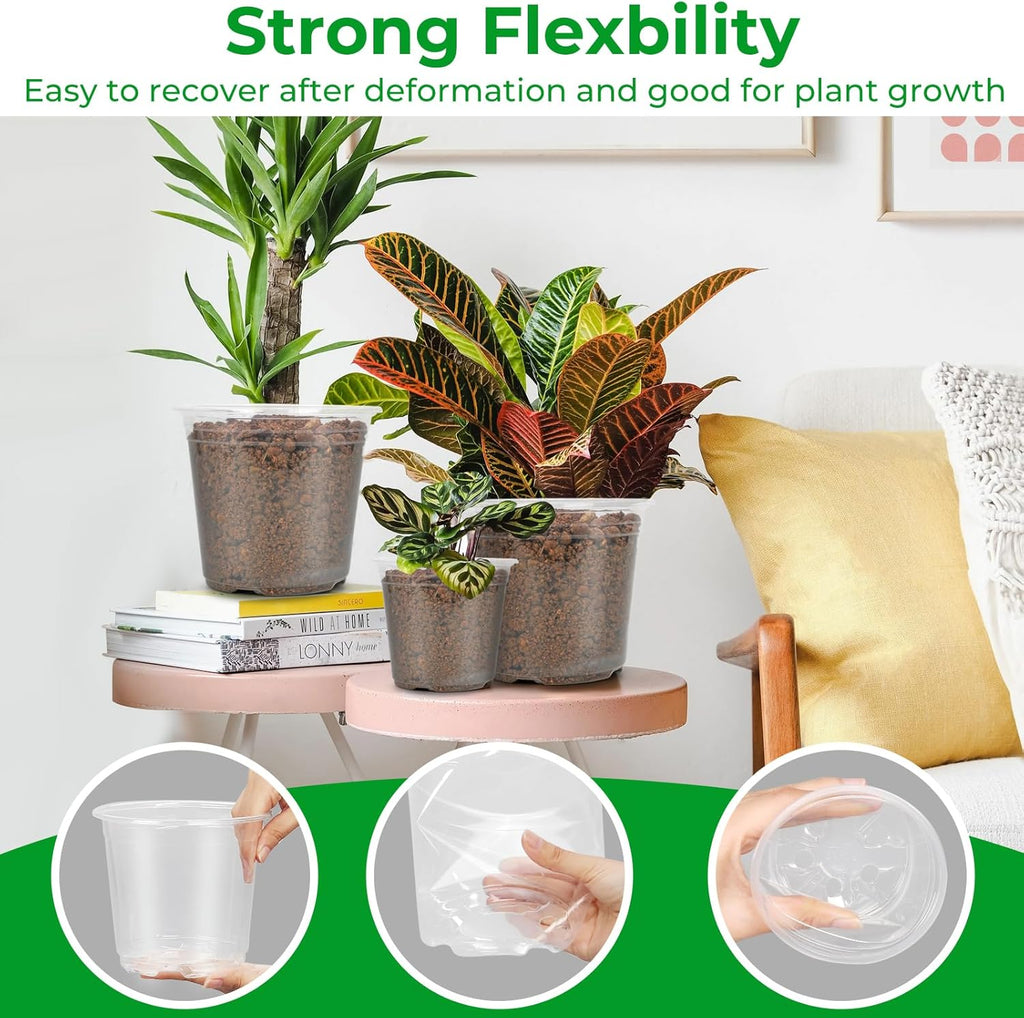 FUIJOL 50 Pack 3/4/5/6/7 Inch Clear Nursery Pots with Drainage Holes | Durable Plastic Nursery Pots for Plants