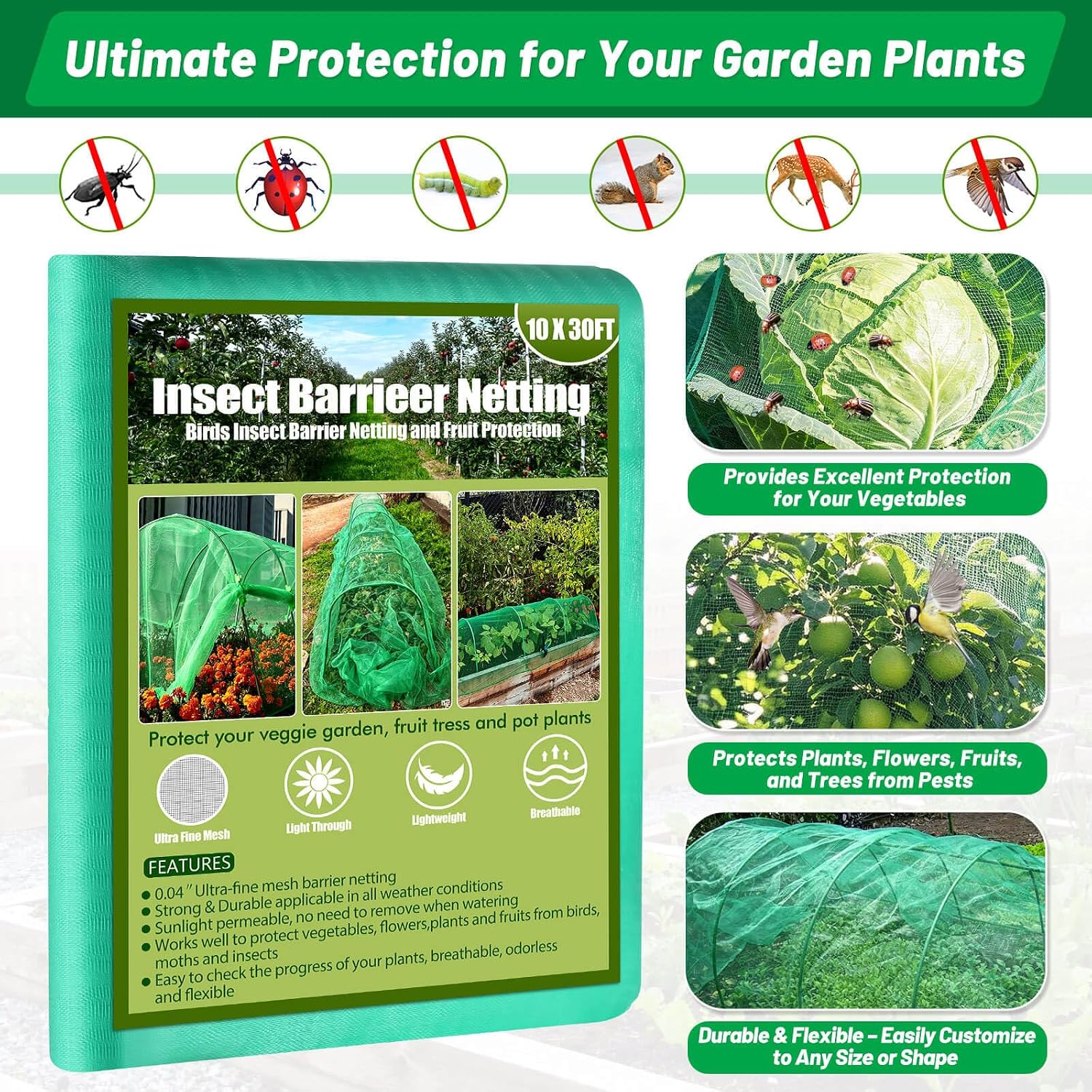 Garden Mesh Netting Kit, 7 Sets Garden Hoops with 10x30 ft Garden Covers | Bird Netting with 12 Clips, Garden