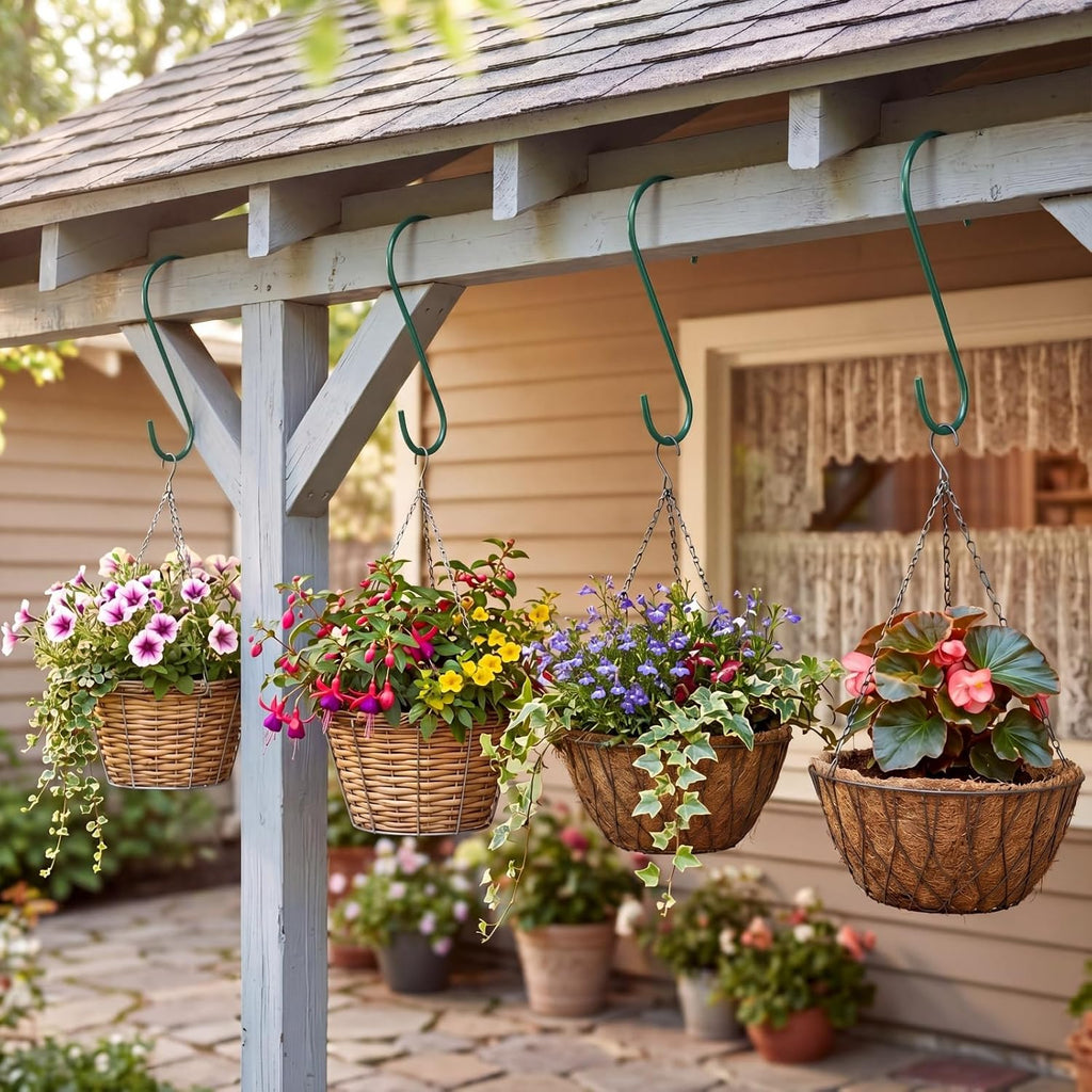 24 Pack 12 Inch Large S Hooks for Hanging Plants, Heavy Duty Green Metal Hangers for Pergola Garage Organization Bird
