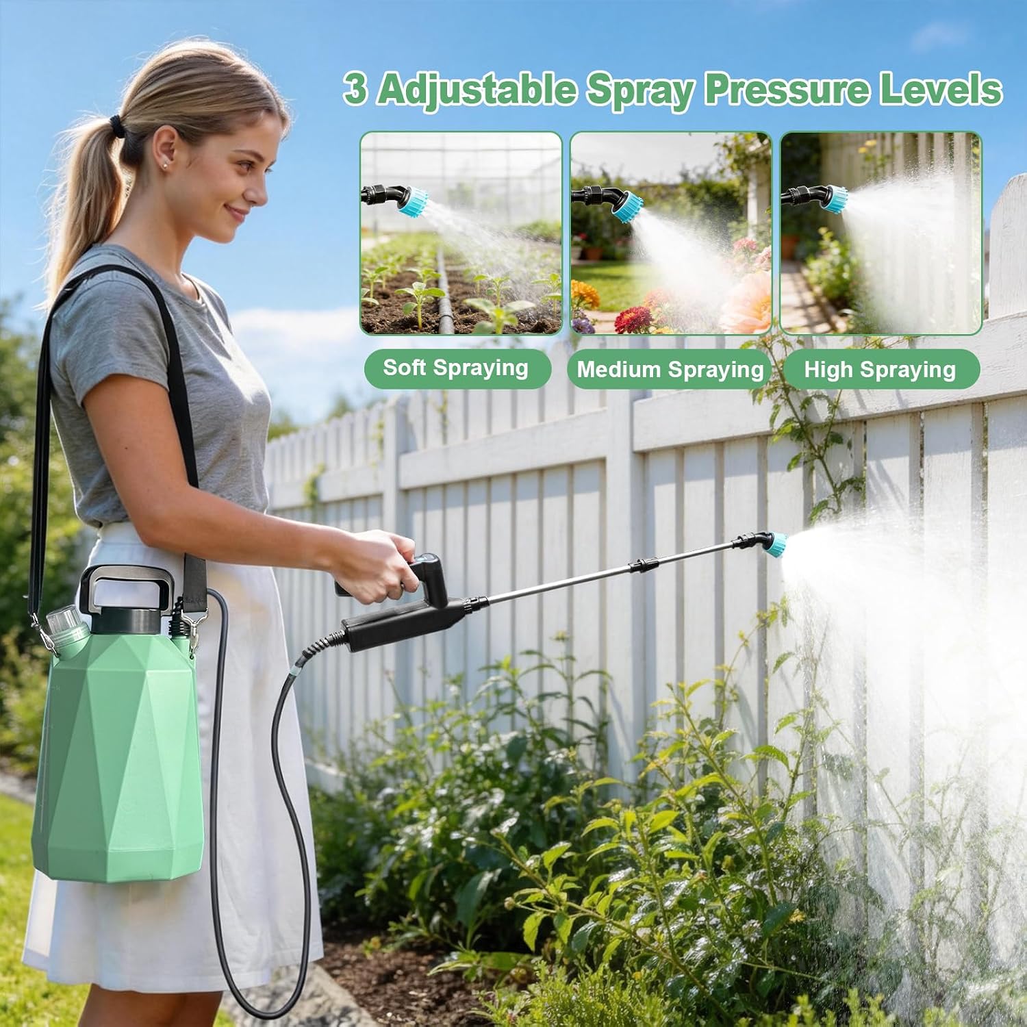 1.35 Gallon Battery Powered Sprayer, Electric Garden Sprayer with 3 Adjustable Pressures, Battery Indicator, Telescopic