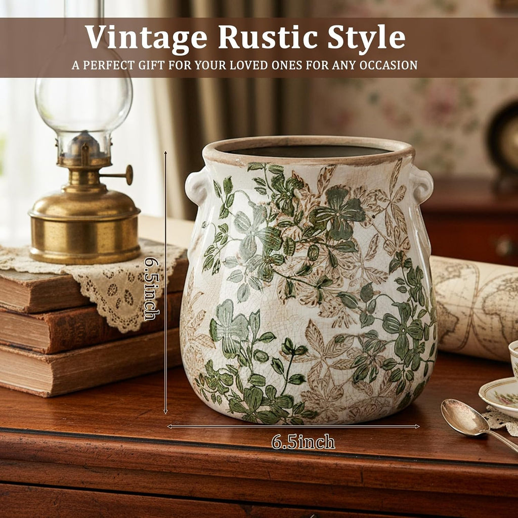 Ceramic Scroll Planter 6.5 Inch Chinoiserie Floral Vase with Drainage Holes Vintage Flower Vase Flower Pot Rustic