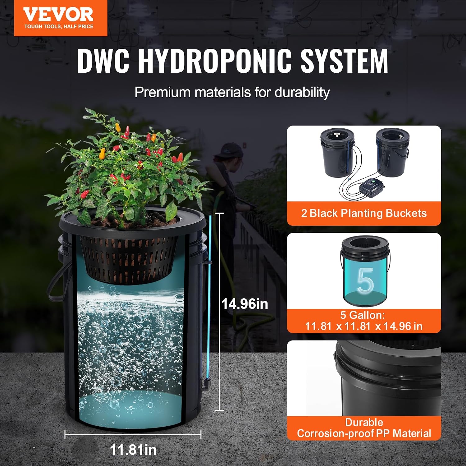 VEVOR DWC Hydroponics Grow System, Hydroponic Growing System with Top Drip Kit, Deep Water Culture 5-Gallon 2 Buckets