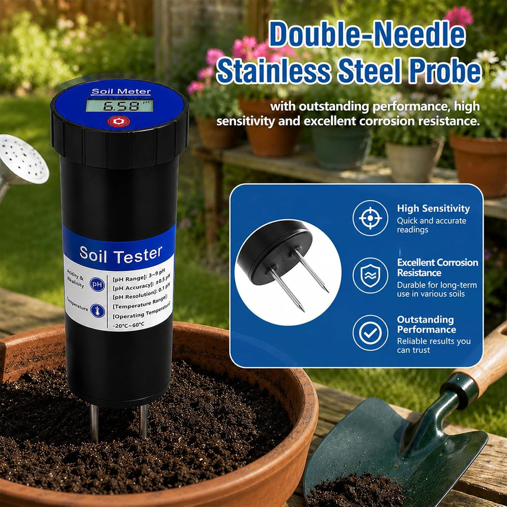 Digital Soil pH Meter – Industrial-Grade 3-8 pH Range Tester with Calibration-Free LCD Display, High Accuracy Soil pH