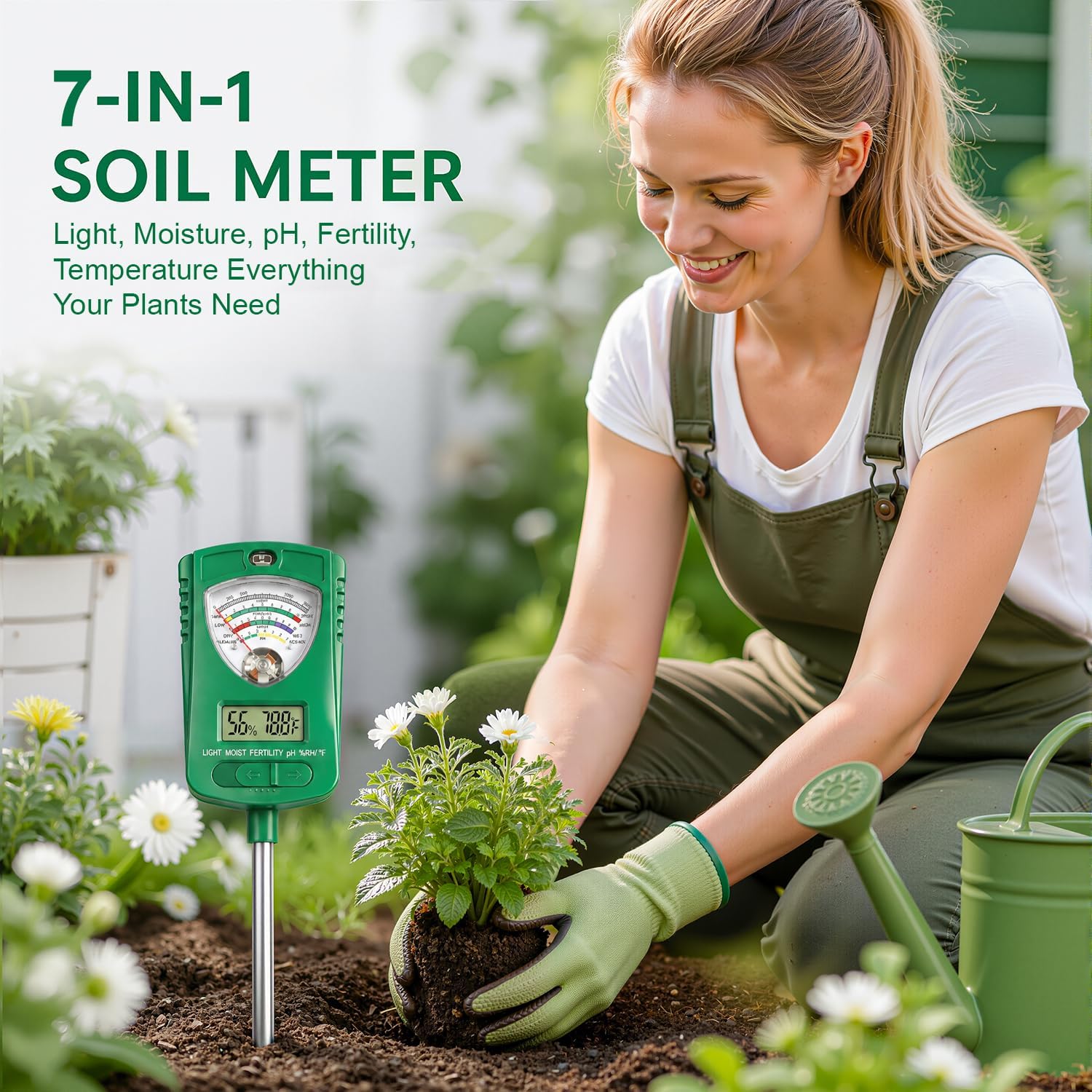 7-in-1 Soil Test Kit with 90° Rotatable Head, Soil Tester for Moisture/pH/Light Intensity/Fertility, Digital Screen for