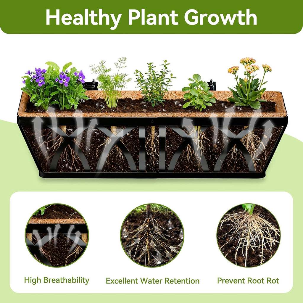 Halatool 24 Inch Railing Planter Box, 2 Pack Heavy Duty Window Box Planters | Metal Balcony Planters with Natural Coco