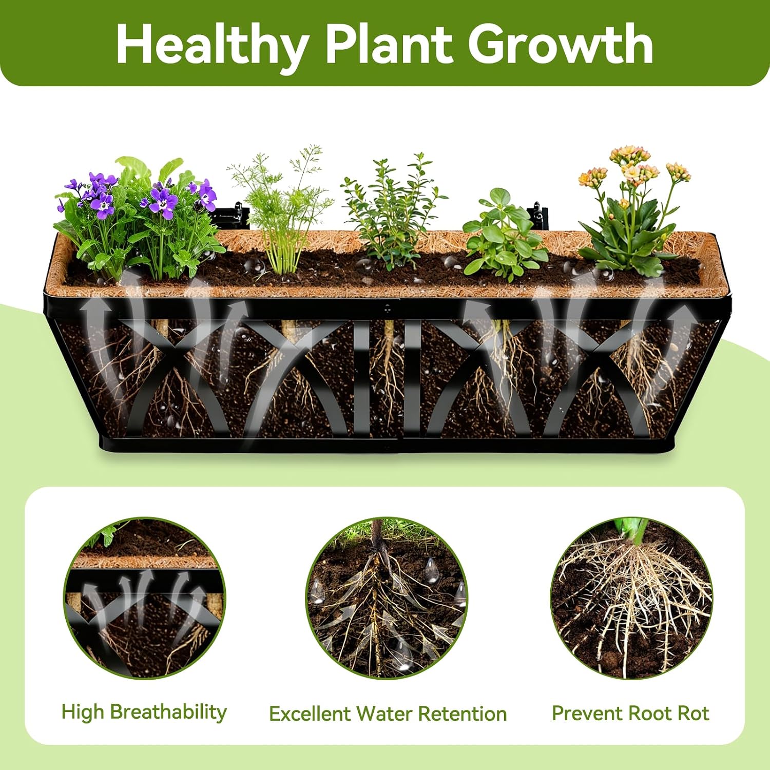 Halatool 24 Inch Railing Planter Box, 2 Pack Heavy Duty Window Box Planters | Metal Balcony Planters with Natural Coco