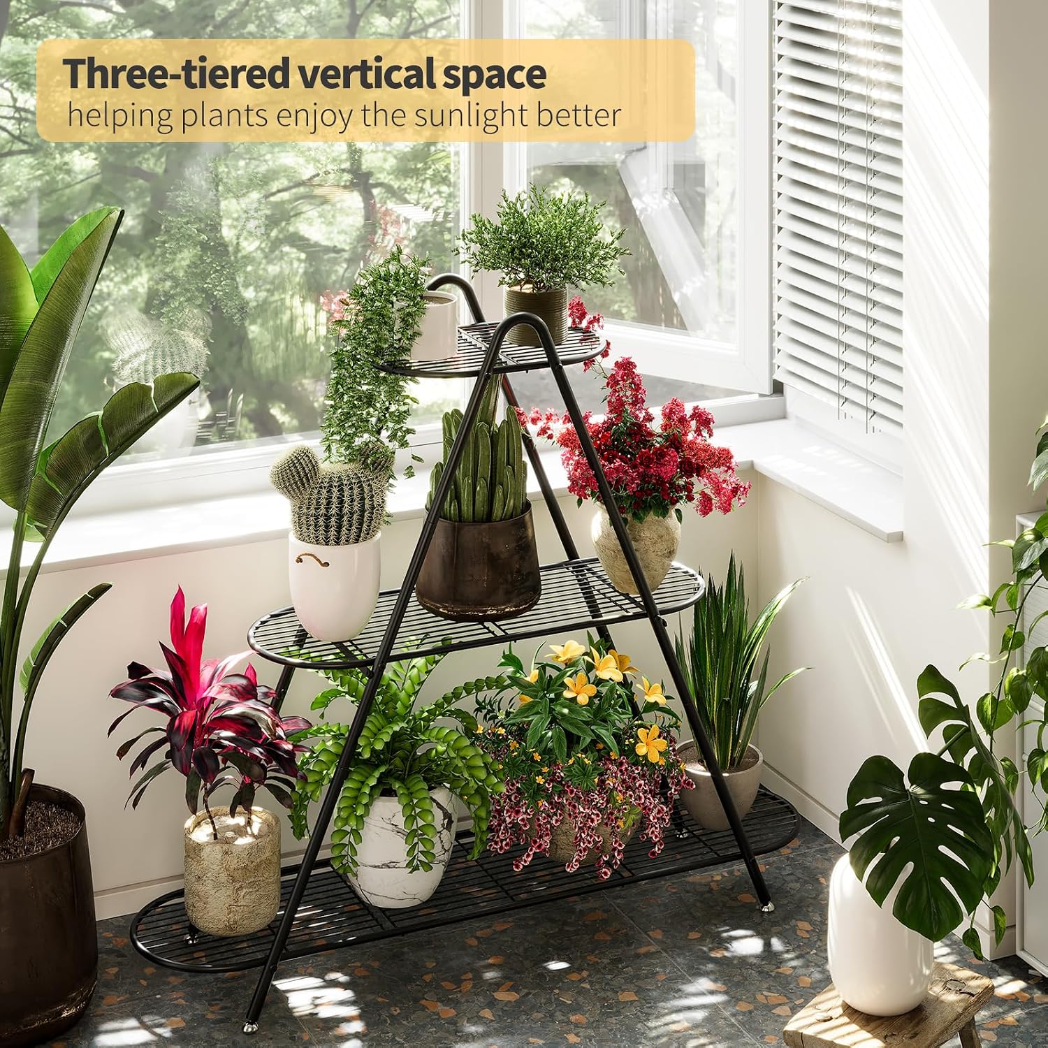 Plant Stand for Patio, 3-Tier Metal Plant Shelf–Indoor/Outdoor Display Rack for Multiple Pots, Heavy Duty Plants