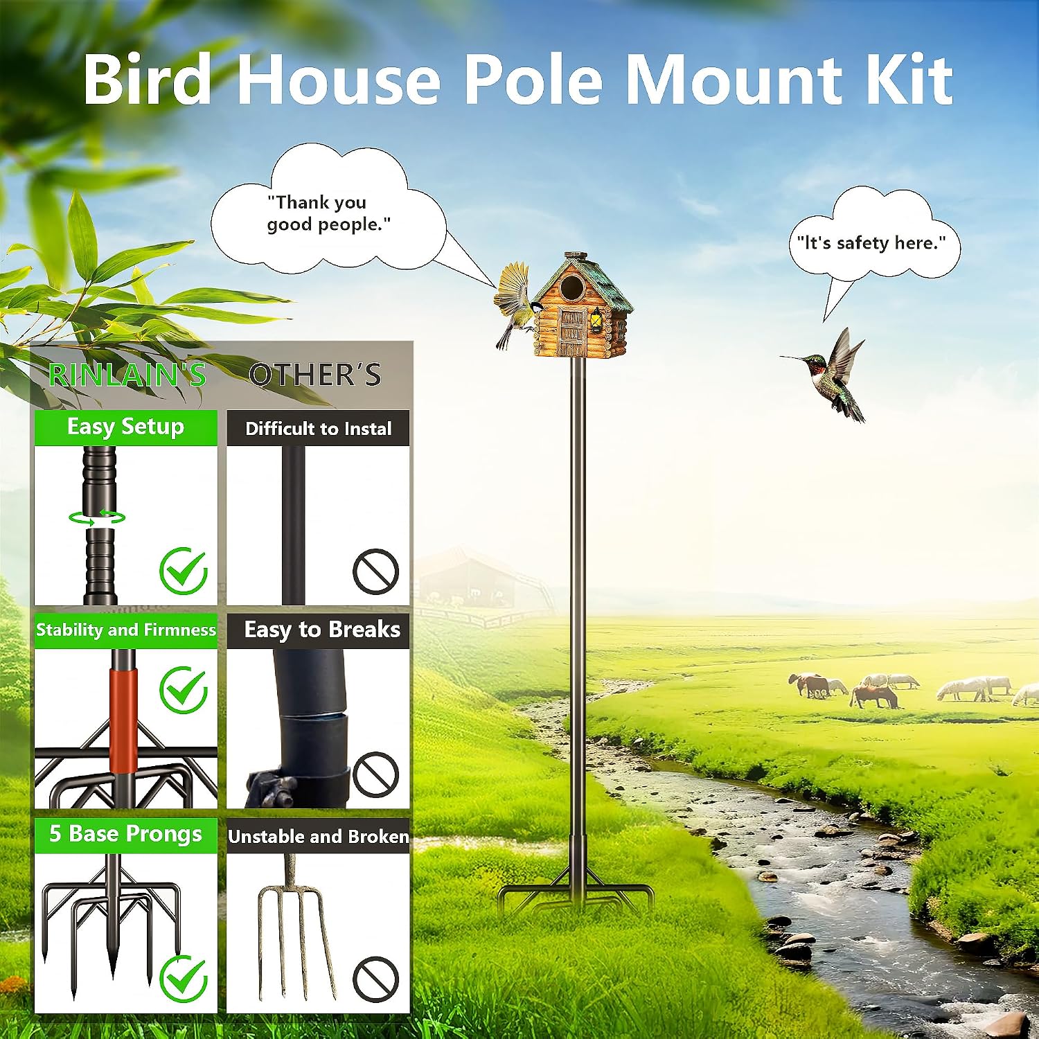 Bird Feeder Pole Kit, 79 Inch Bird House Pole for Outdoors Heavy Duty,5 Base Prongs Adjustable Birds Feeder Stand for