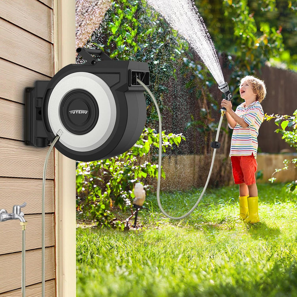 Tuyeho Heavy-Duty Automatic Retractable Garden Hose Reel 100FT Wall Mount | Lifetime Service, 2 Nozzle, Auto Rewind