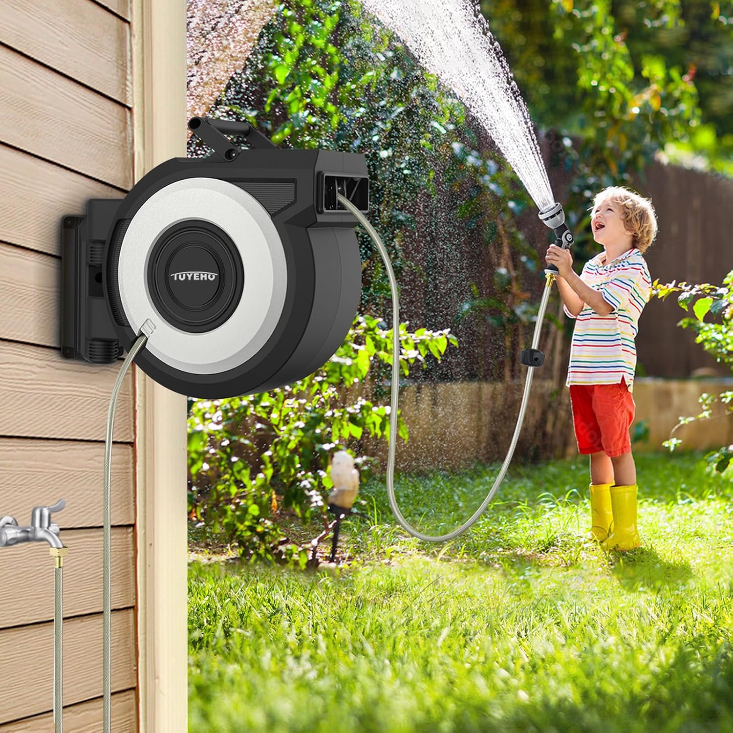Tuyeho Heavy-Duty Automatic Retractable Garden Hose Reel 100FT Wall Mount | Lifetime Service, 2 Nozzle, Auto Rewind