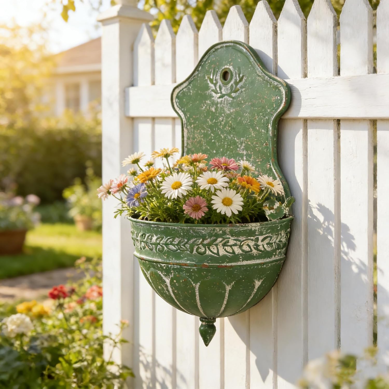 Vintage Distressed Green Metal Wall Planter, Rustic Hanging Pocket Planter with Scrollwork & Scalloped Design