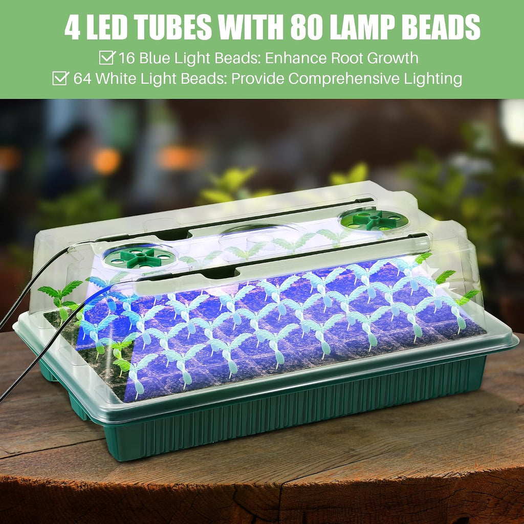 2 Pack Seed Starter Tray with Grow Light, 80 Cell Indoor Greenhouse Seed Starting Set with Humidity Dome, 360° Full