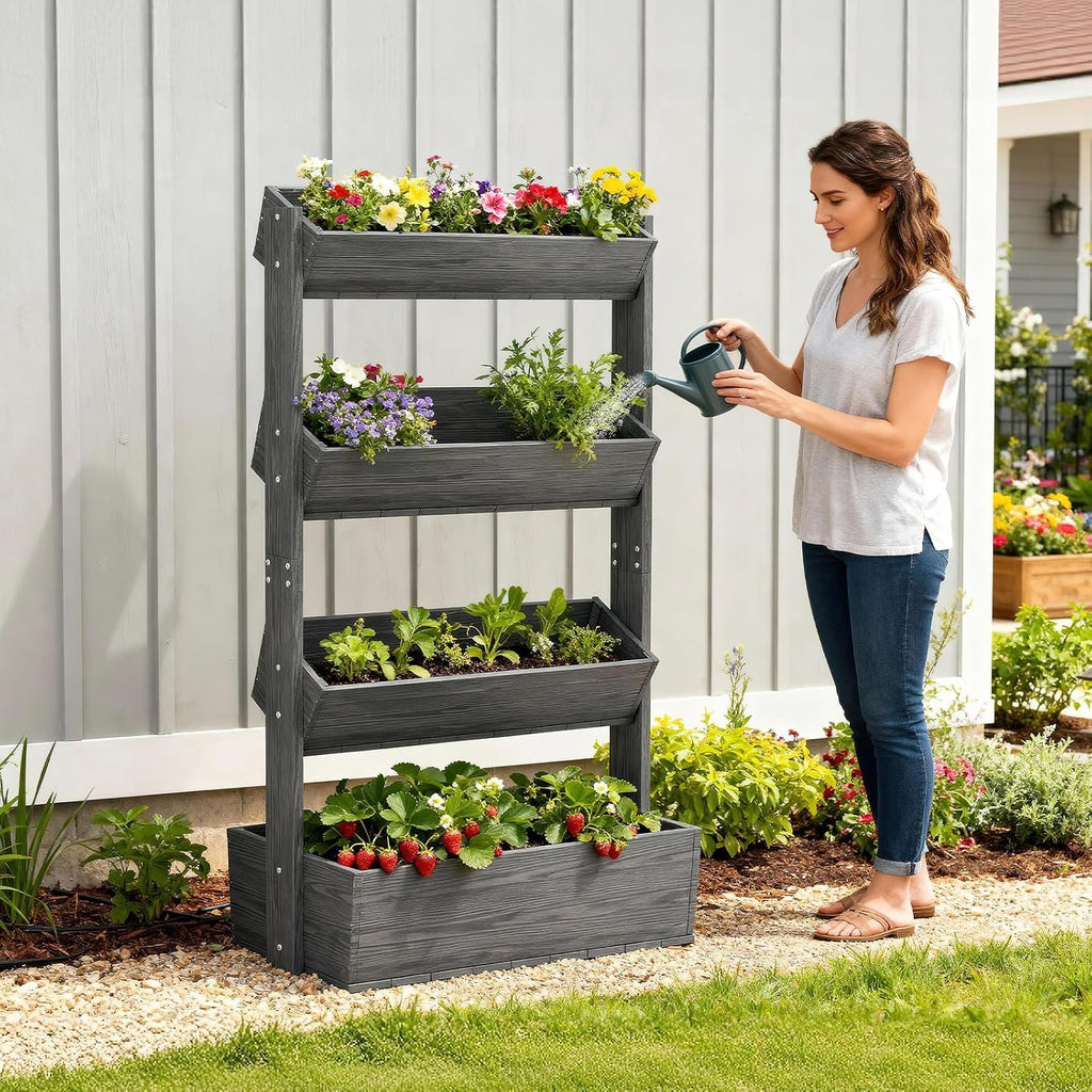 SUNYRISY 4 Tiers Vertical Raised Garden Bed Outdoor Planter Tower | Wooden Freestanding Planter Box for Planting Herbs