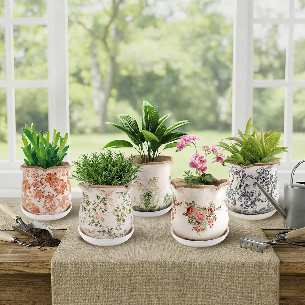 Ceramic-Planters-for-Indoor-Plants with Saucer, 6 inch Vintage Ice Crackle Glaze Plant Pots with Drainage Holes