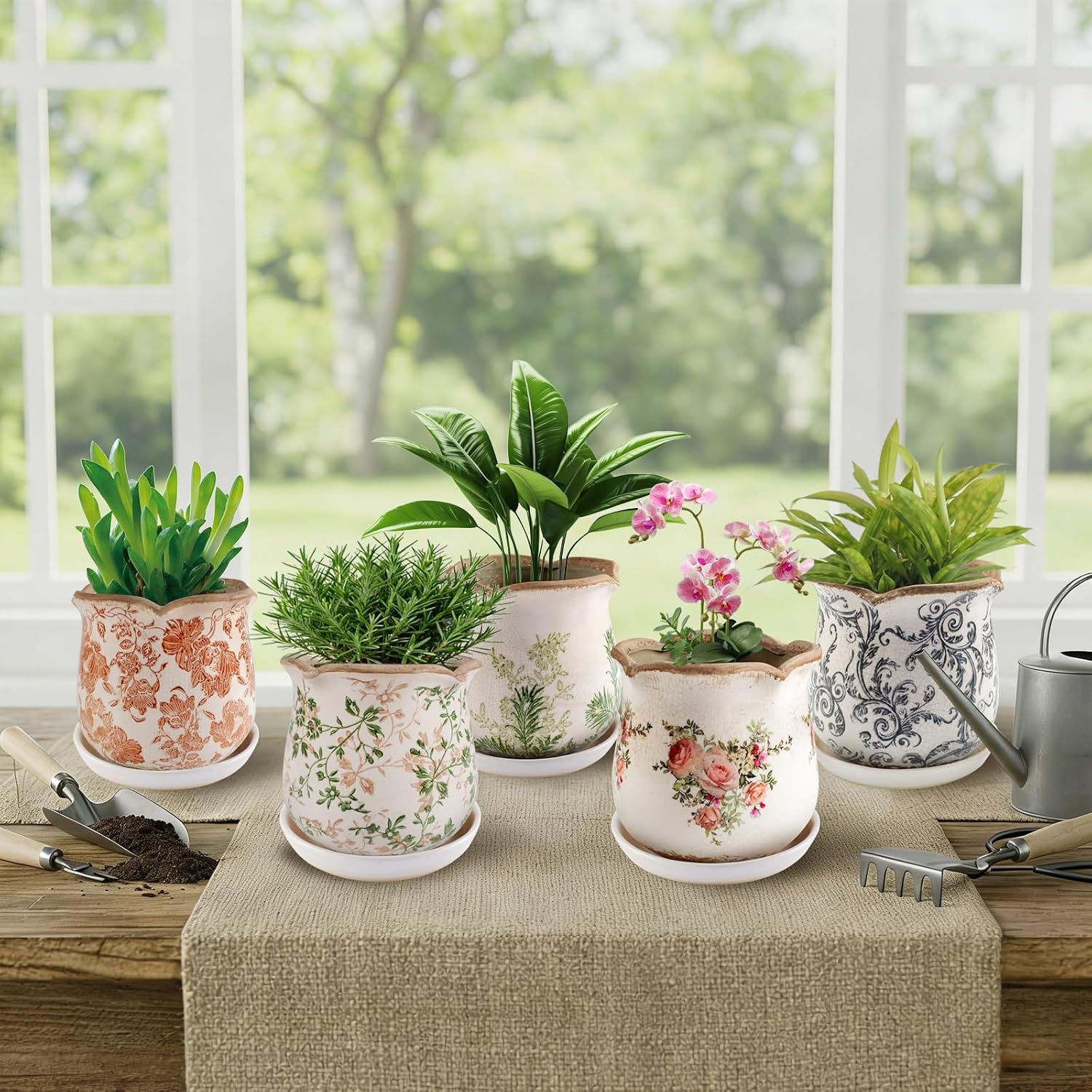 Ceramic-Planters-for-Indoor-Plants with Saucer, 6 inch Vintage Ice Crackle Glaze Plant Pots with Drainage Holes