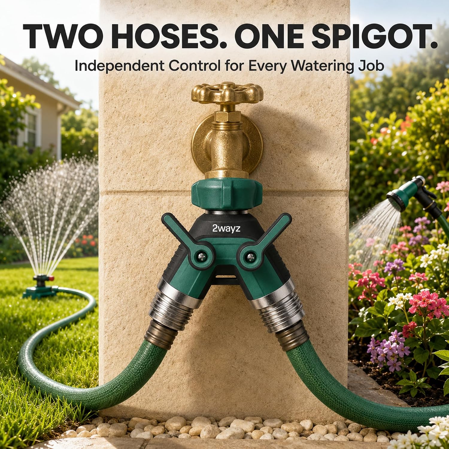 Dual Outlet Water Hose Splitter - Heavy-Duty Brass Y Connector, 360° Rotation, Easy Installation, Leak-Proof Design
