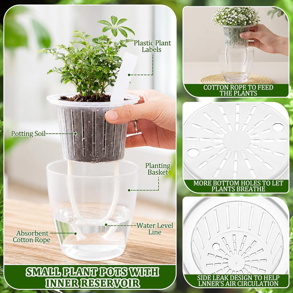 24 pcs Self Watering Pots 3.5 Inch Plastic Flower Plant Pot with Inner Pot Self Watering Wick Planter Clear Flower pots