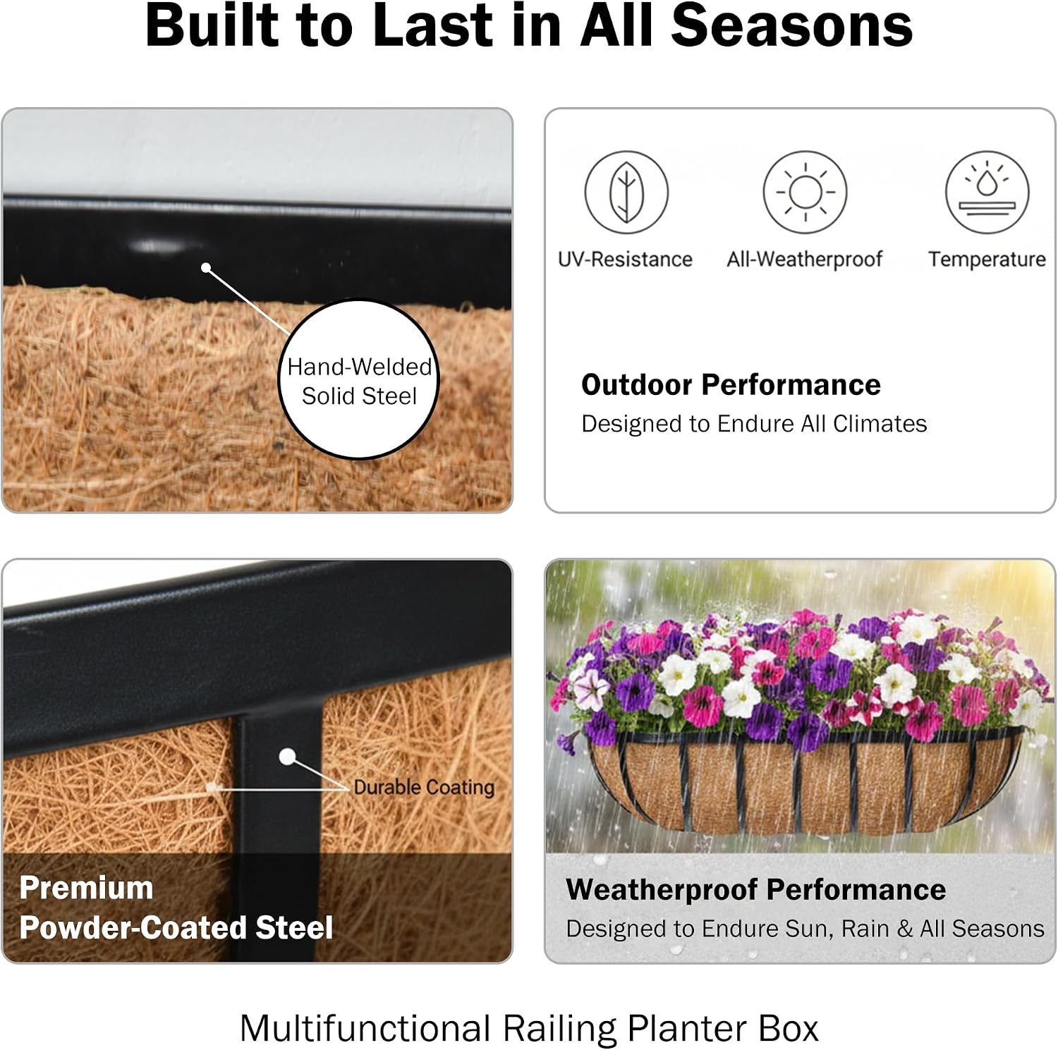 24“ Window Box Railing Planter with Coco Liner Metal Wall-Mounted Coconut Liner Planter Basket English Horse Trough