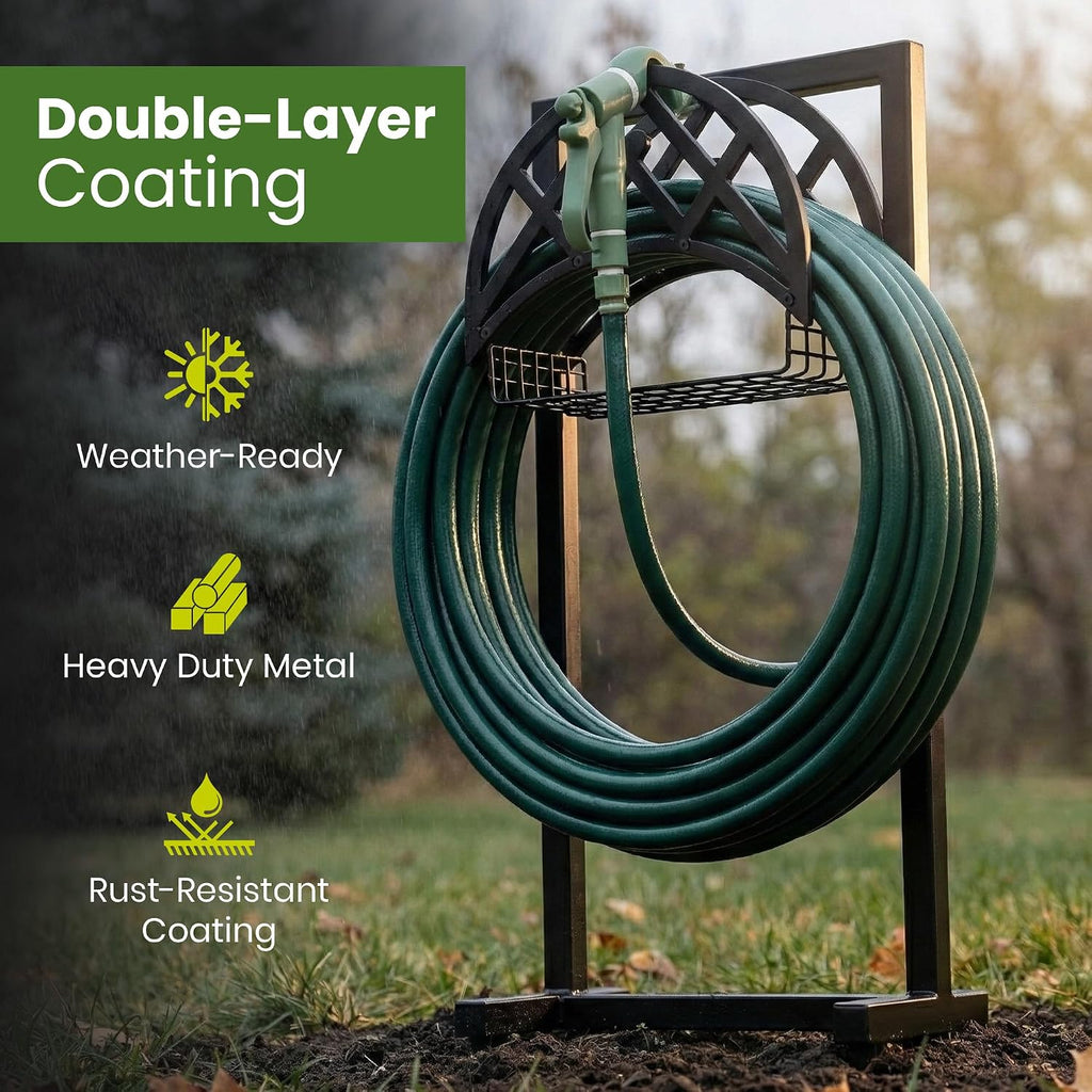 Oriva Garden Hose Holder Stand, Freestanding Water Hose Holder for Outside, Heavy Duty Metal Hose Hanger w/ 4-Spike