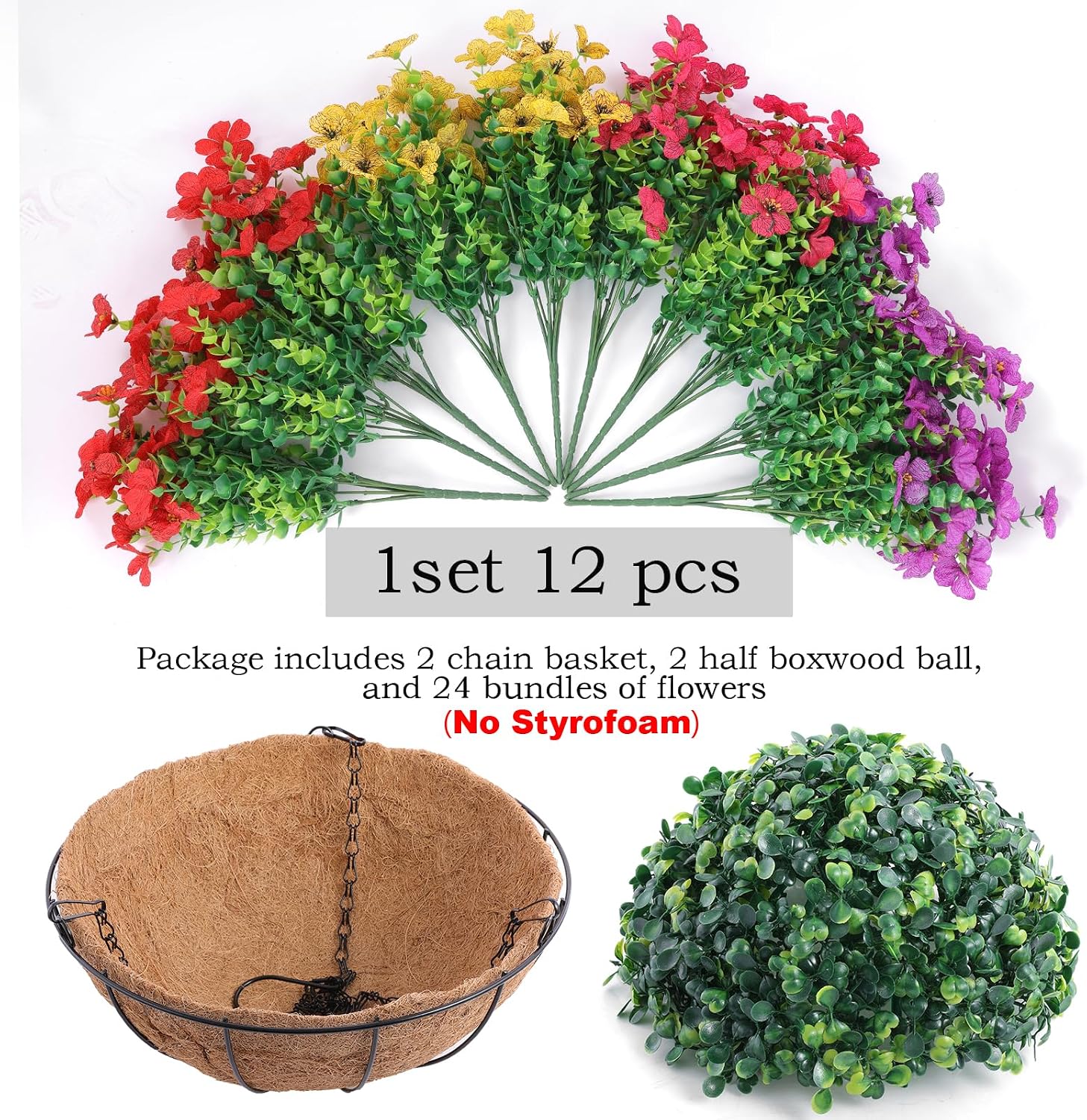 Hananona 2 Set Artificial Outdoor Flowers with Hanging Basket, 2 Hanging Planters with 24 Pcs Flowers for Spring Summer